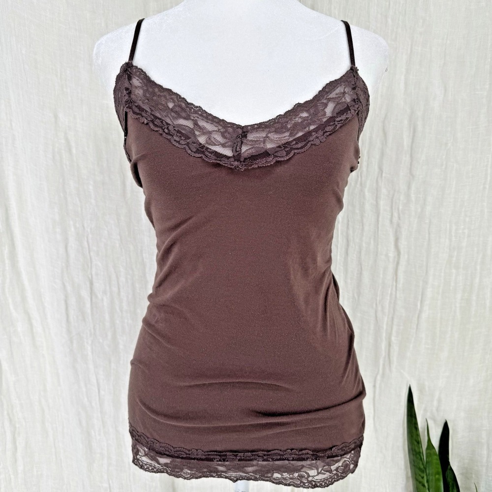 Brown Y2K Lace Trim Cami Layering Top L Boho Fairy Grunge Elena Bella Vintage